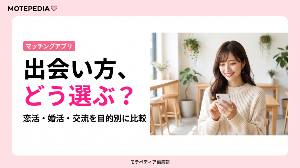 白基調にピンクのアクセントと「出会い方、どう選ぶ？」の文字を配置したマッチングアプリ目的別比較ページのアイキャッチ