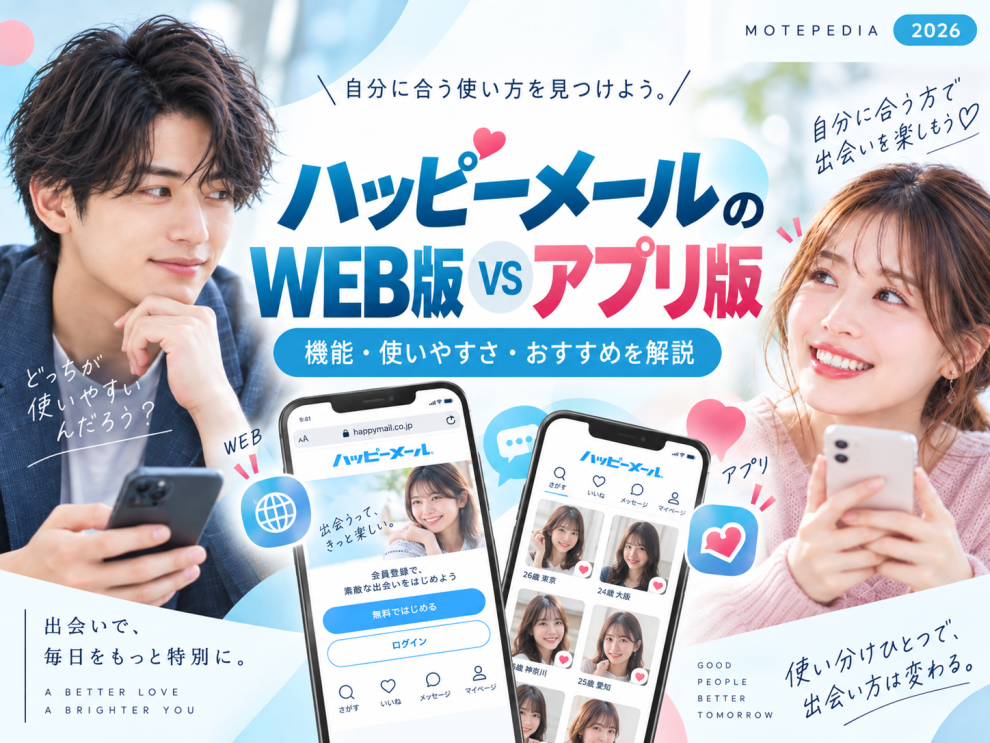 ハッピーメールのWeb版とアプリ版の違い、機能・使いやすさを比較するアイキャッチ画像