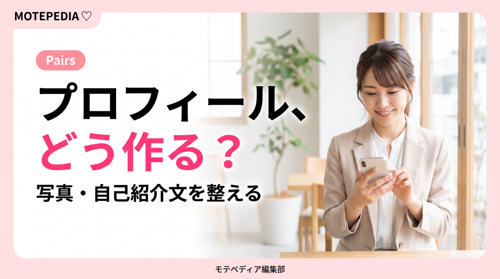 白基調にピンクのアクセントと「プロフィール、どう作る？」の文字を配置したPairsプロフィール記事のアイキャッチ