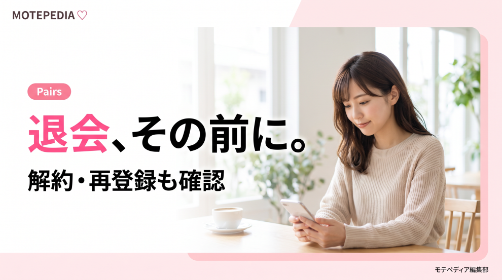 白基調にピンクのアクセントと「退会、その前に。」の文字を配置したモテペディアのPairs退会記事アイキャッチ