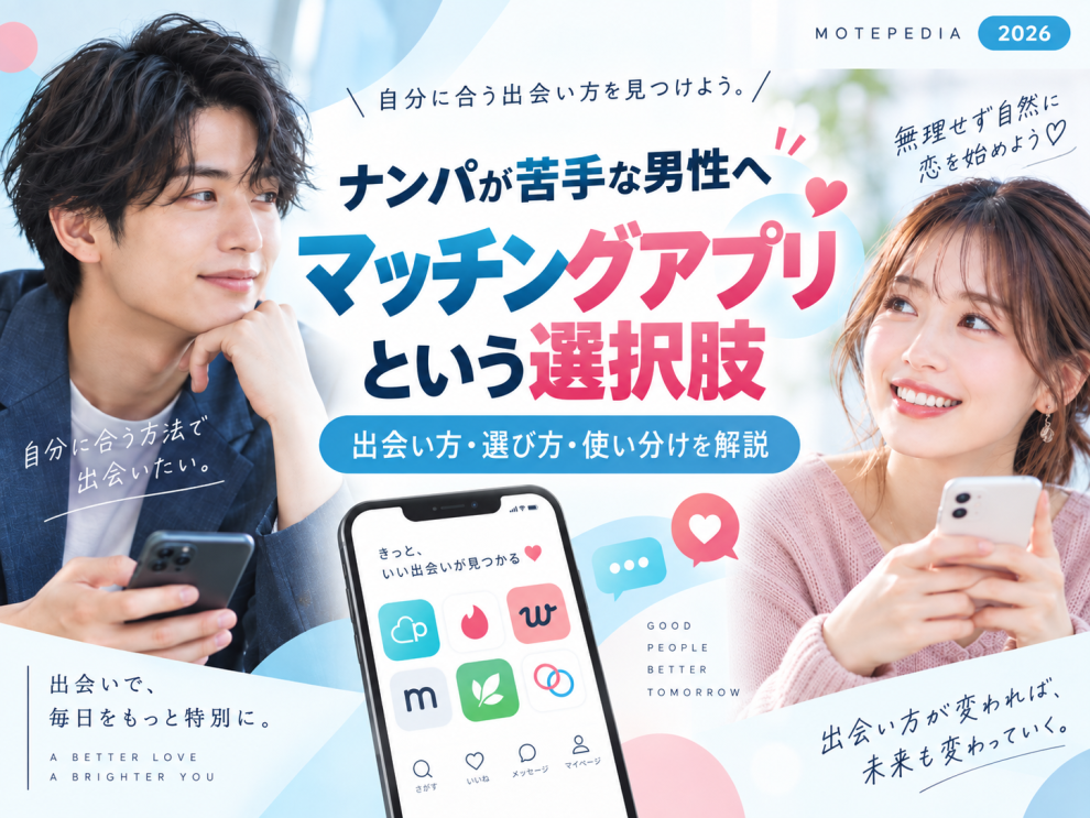 ナンパが苦手な男性向けにマッチングアプリという選択肢と出会い方・選び方を解説するアイキャッチ画像