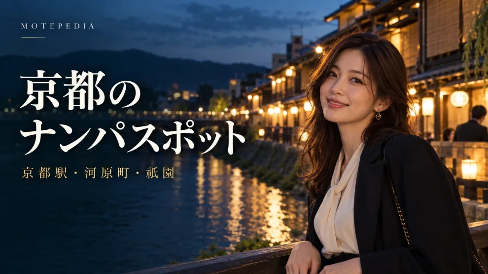 京都の夜をイメージした人物と街並み、京都のナンパスポットの文字