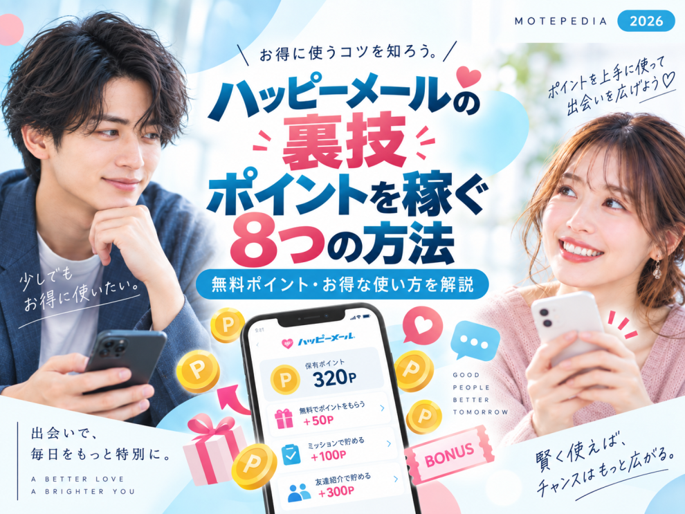 ハッピーメールの無料ポイントやお得な使い方、ポイントを増やす方法を解説するアイキャッチ画像