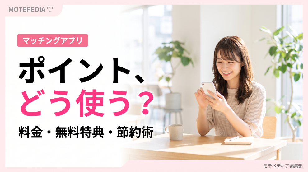 白基調にピンクのアクセントと「ポイント、どう使う？」の文字を配置したマッチングアプリ系アイキャッチ