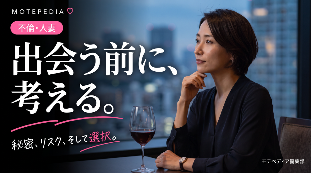 黒基調にピンクのアクセントと「出会う前に、考える。」の文字を配置したモテペディアの人妻・不倫系アイキャッチ
