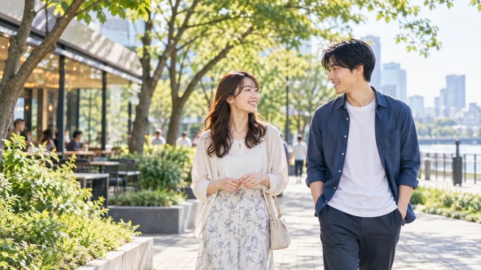 明るい時間帯に公園を歩きながら会話する2人のイメージ