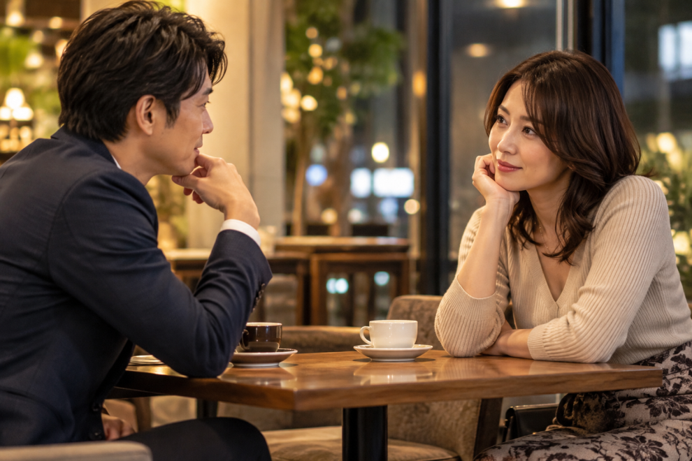 カフェで向き合い距離感を考える男女を描いたモテペディア独自画像