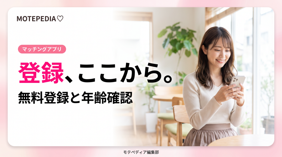 白基調にピンクのアクセントと「登録、ここから。」の文字を配置したモテペディアのマッチングアプリ系アイキャッチ