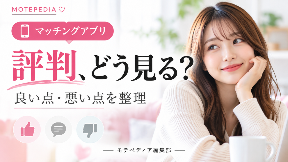 白基調にピンクのアクセントと「評判、どう見る？」の文字を配置したモテペディアのマッチングアプリ系アイキャッチ