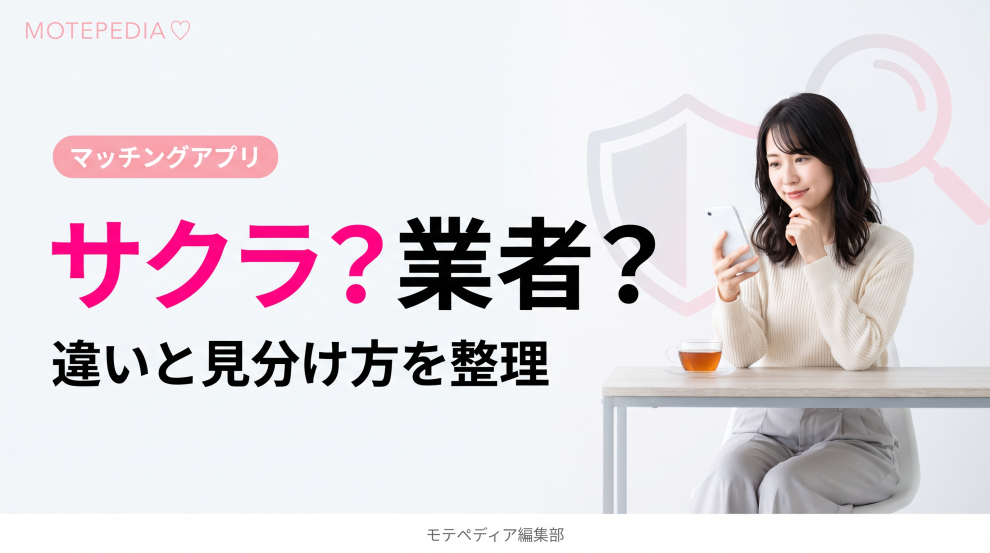 白基調にピンクのアクセントと「サクラ？業者？」の文字を配置したモテペディアのマッチングアプリ系アイキャッチ