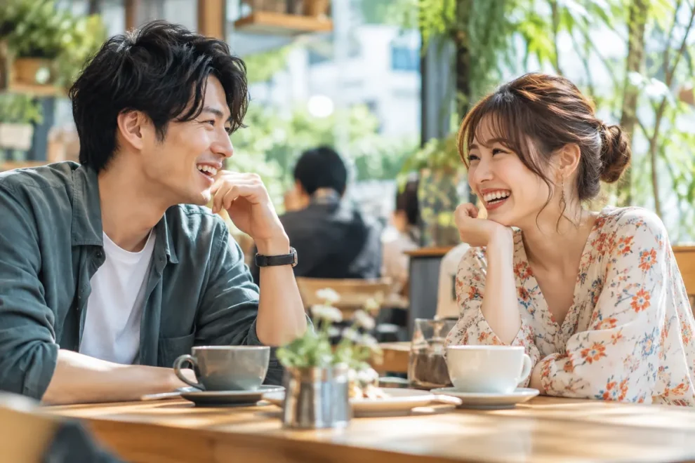 明るいカフェで、向かい合って笑顔で会話する男女