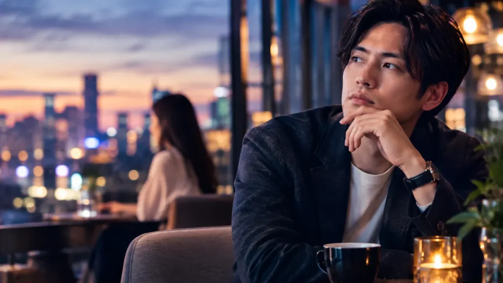 夜景のカフェで自分の恋愛の理想を考える男性