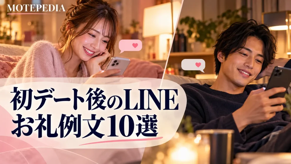 別々の場所でスマートフォンを見る男女と「初デート後のLINE お礼例文10選」の文字