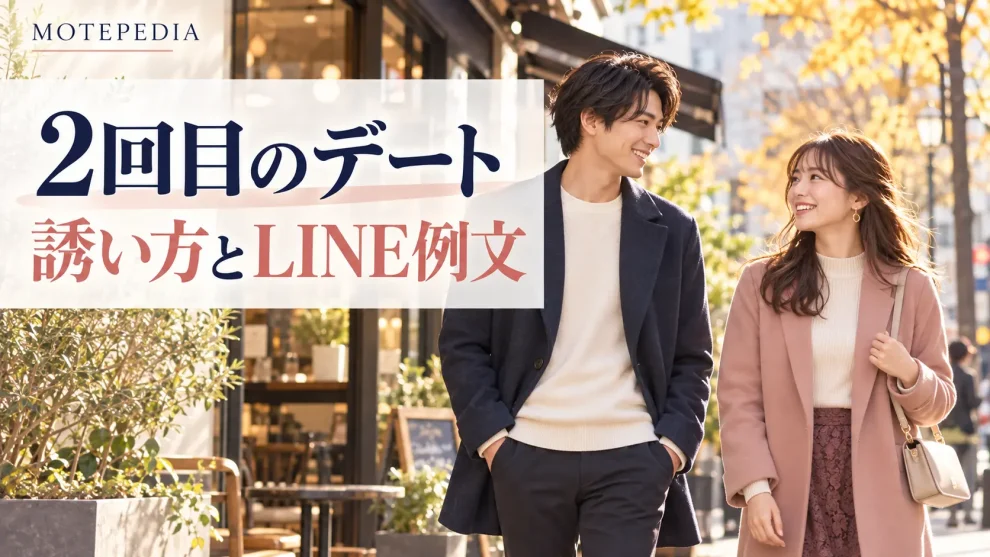 街を歩く男女と「2回目のデート 誘い方とLINE例文」の文字