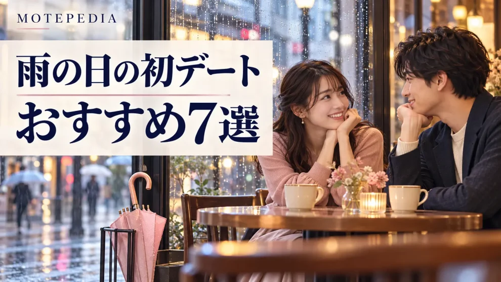 雨の日にカフェで過ごす男女と「雨の日の初デート おすすめ7選」の文字