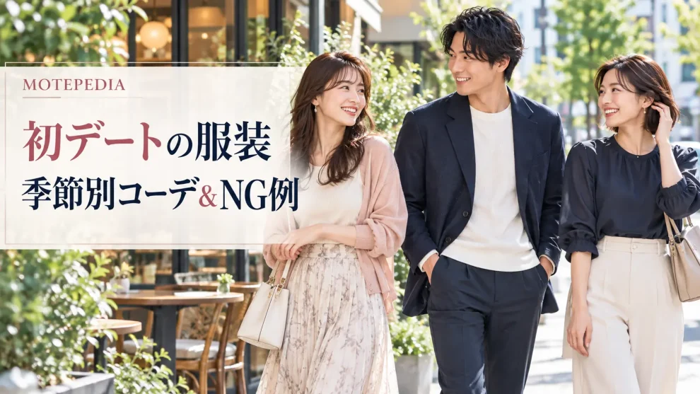 カフェに合う服装の男女と「初デートの服装 季節別コーデ＆NG例」の文字
