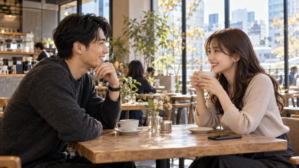 カフェで会話を楽しむ成人男女
