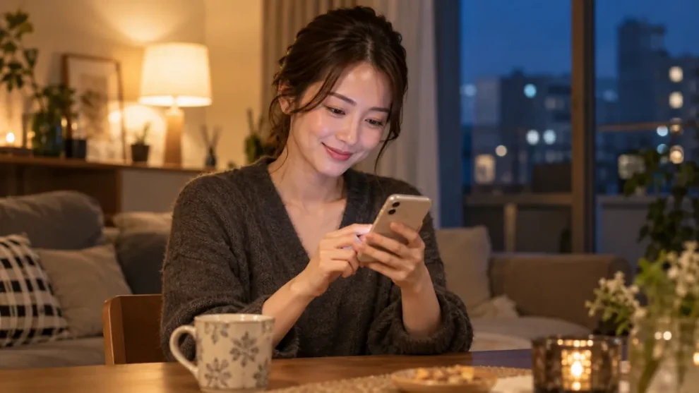 帰宅後にスマートフォンでお礼のメッセージを考える成人女性