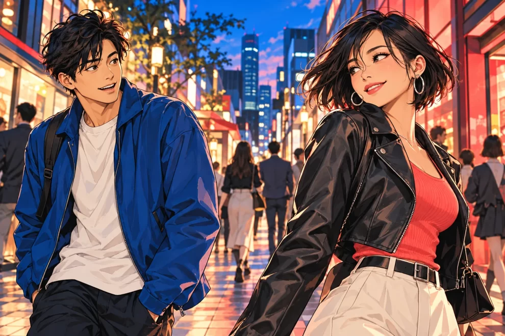 夕暮れの街でふと目が合う、ファッションを楽しむ大人の男女のイラスト