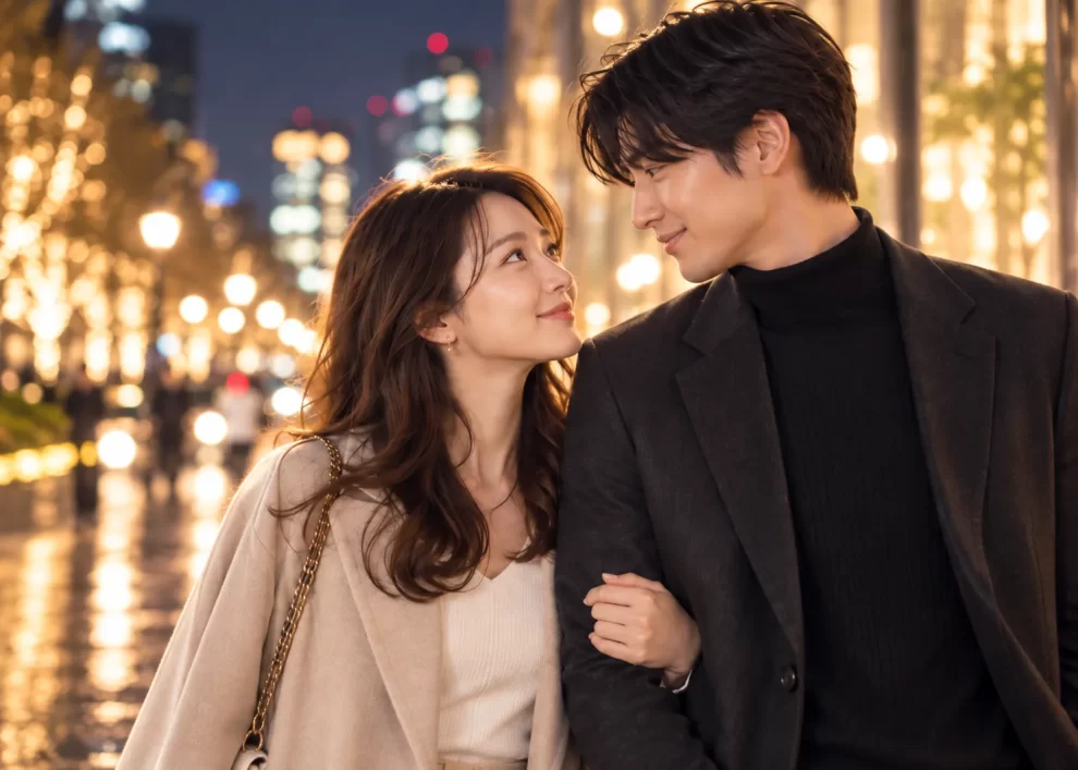 夜の街で腕を組み、見つめ合いながら歩く大人の男女
