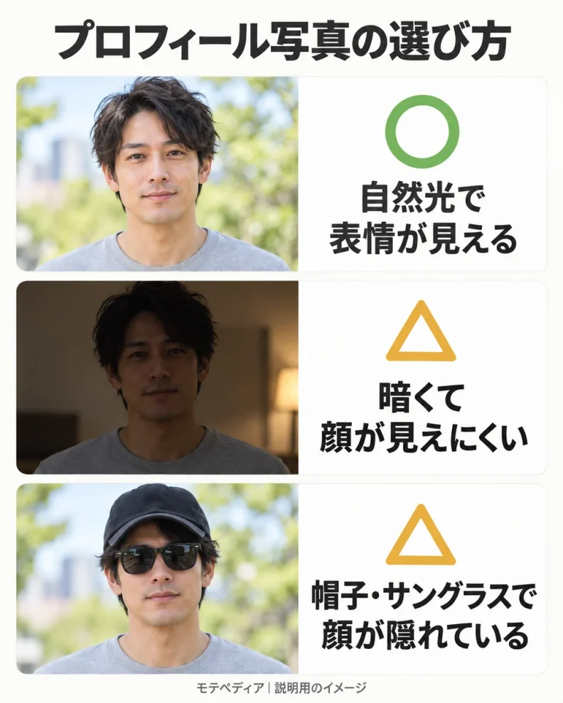 明るく表情が分かる写真と暗い写真、顔が隠れた写真の比較