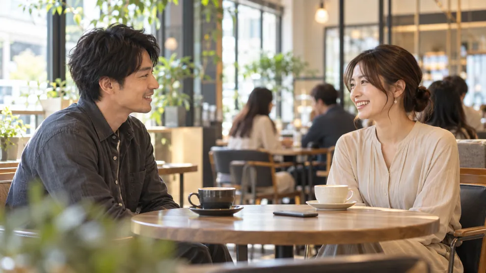 明るいカフェで初対面の成人男女が会話するイメージ